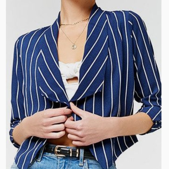 Open-Front Pinstriped Blazer Navy Blue & White - Picture 2 of 6
